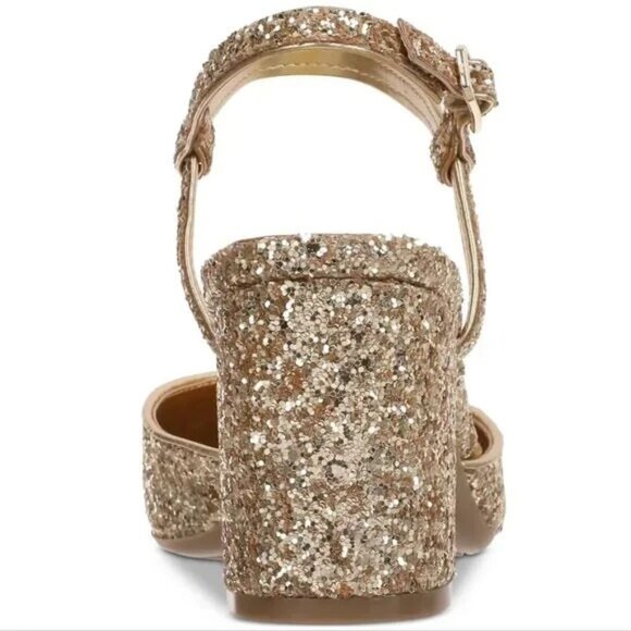 On 34th Dotti Cap Toe Block Heel Pumps Gold Black 7 Ankle Strap $70 - Picture 3 of 4